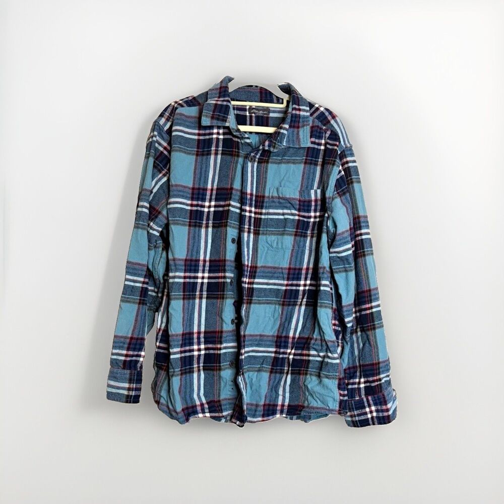 Eddie Bauer Mens Cotton Flannel Blue Plaid Long Sleeve Button Up Point Collar XL